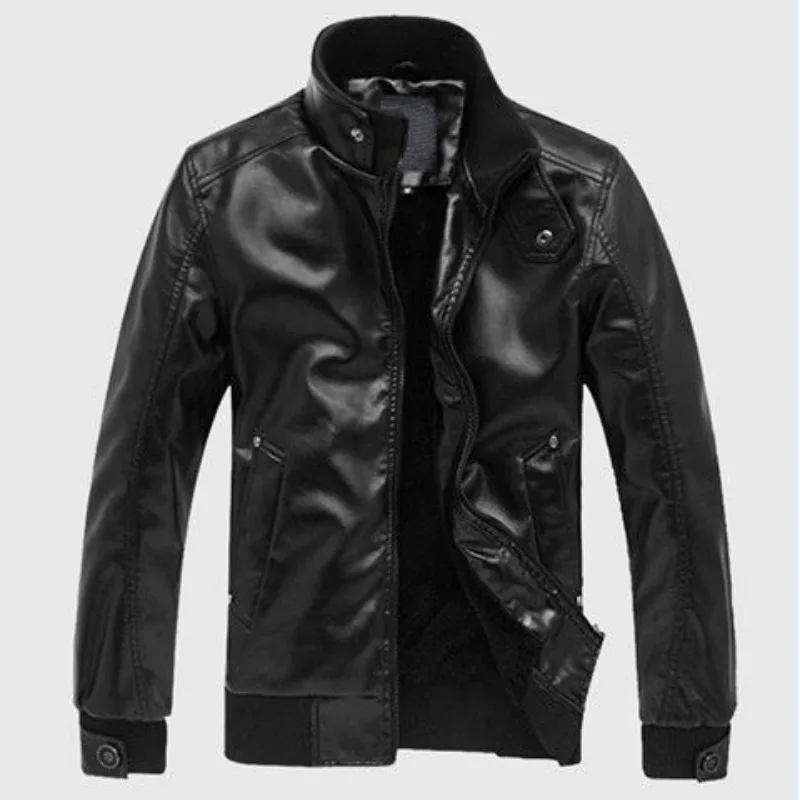 Luxury Spring Autumn Leather Jacket Men Zip Stand Up Collar Pocket Biker Jacket Slim PU Leather Coat Windproof Outerwear Black