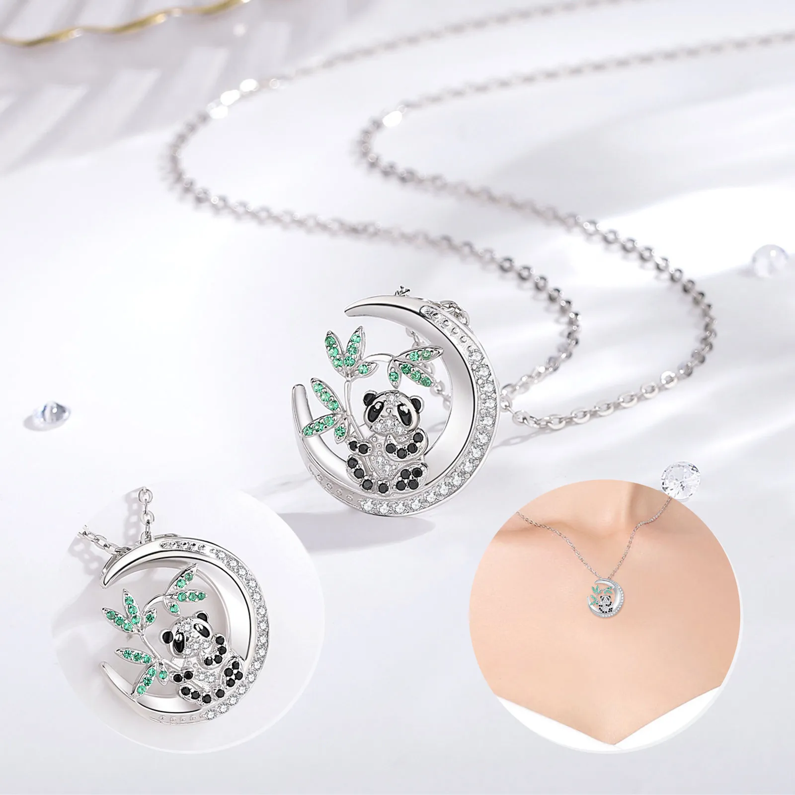 Eudora 925 Sterling Silver Cute Panda Necklace AAACubic Zirconia Moon Pendant Elegance Woman Jewelry Exquisite Party Gift image 3