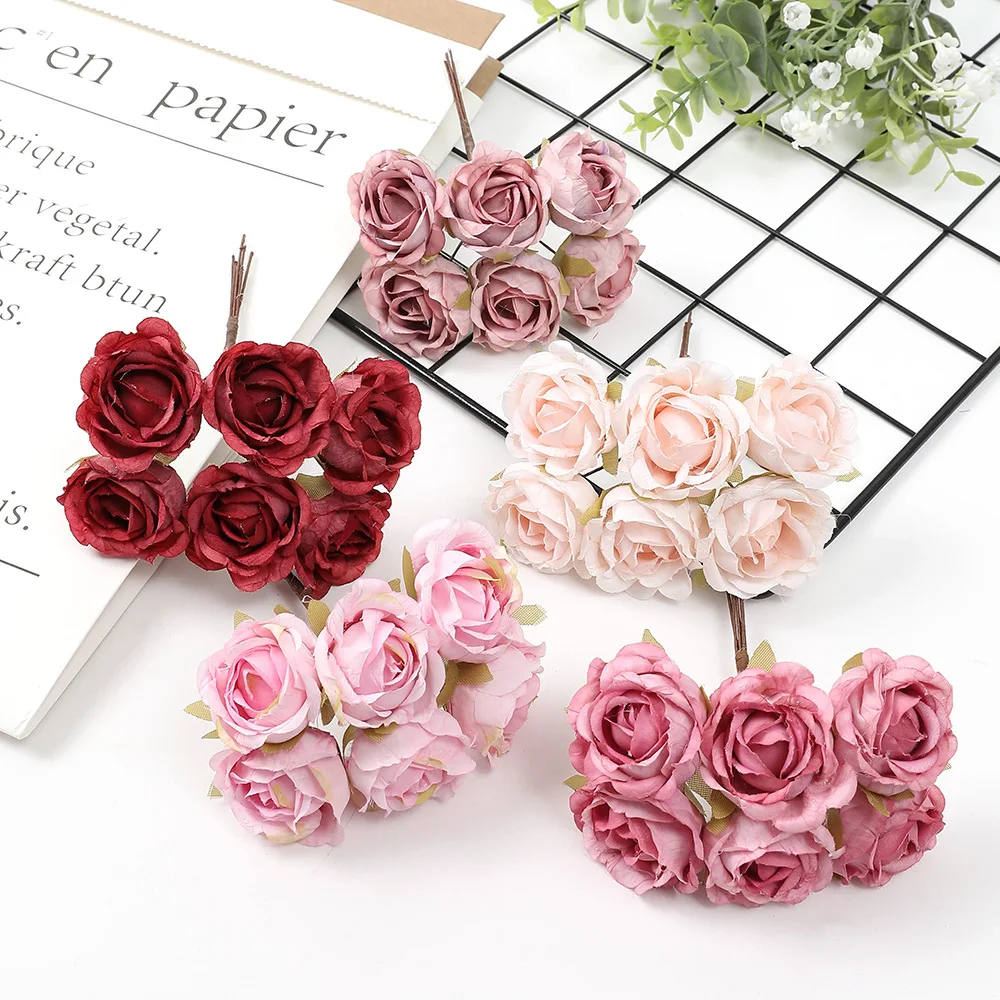 6pcs 4cm Mini Artificial Flower Silk Rose Bouquet Floral Arranging DIY Floral Crown Home Decor Wall Wreath Wedding Decoration