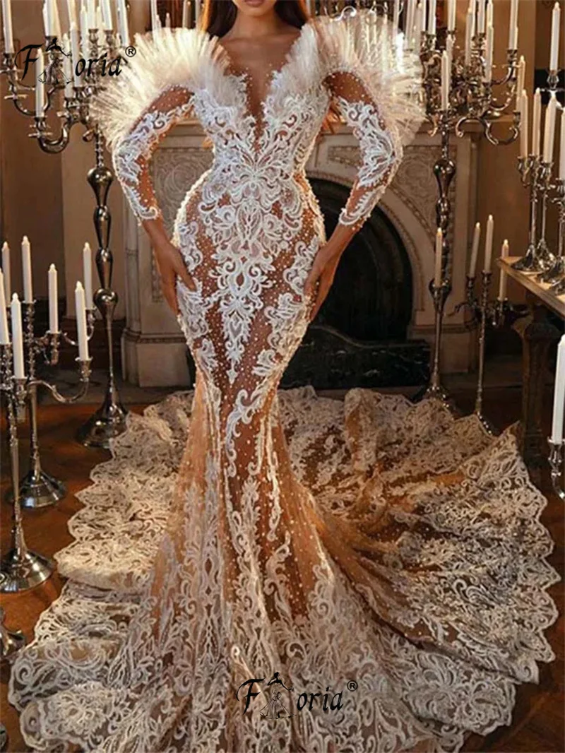 

Gorgeous Dubai African Woman Wedding Dress Pearls Lace 3D Appliques Ruffled Shoulder Bridal Gown Formal Evening Dress Vestidos