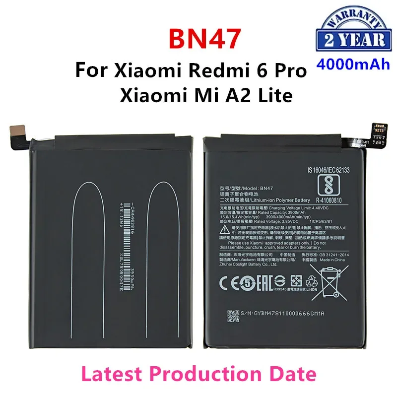 แบตเตอรี่ BN47 4000มิลลิแอมป์ต่อชั่วโมงสำหรับ Xiaomi Mi A2 lite/ Xiaomi redmi 6 Pro แบตเตอรี่สำรองสำหรับเปลี่ยนโทรศัพท์ BN47 + เครื่องมือ100% ของแท้