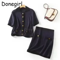 Donegirl 2023 New Summer Solid Short Knitted Coat High Waist Mini Skirt Women Suit Elegant Commute Simple Set Female Chic