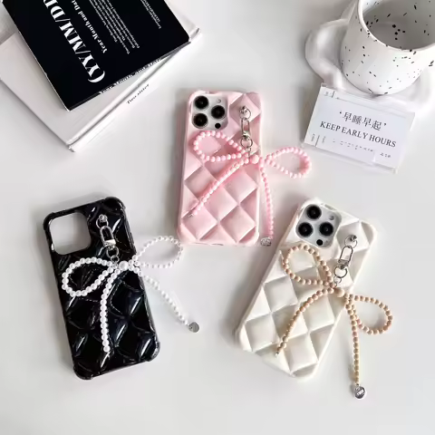 Fashion Branded 3D Grid Girly Soft TPU Phone Case for iPhone 15 14 13 12 11 Pro Max Cute Beads Bowknot Pendant Shockproof Cover
