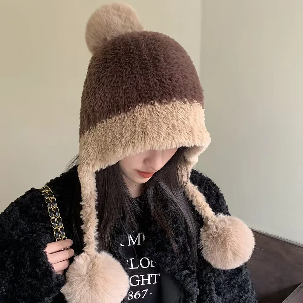 Winter Plush Beanie for Women with Ear Flaps Soft Knitted Hat for Big Head Warm Fleece Lined Pom Pom