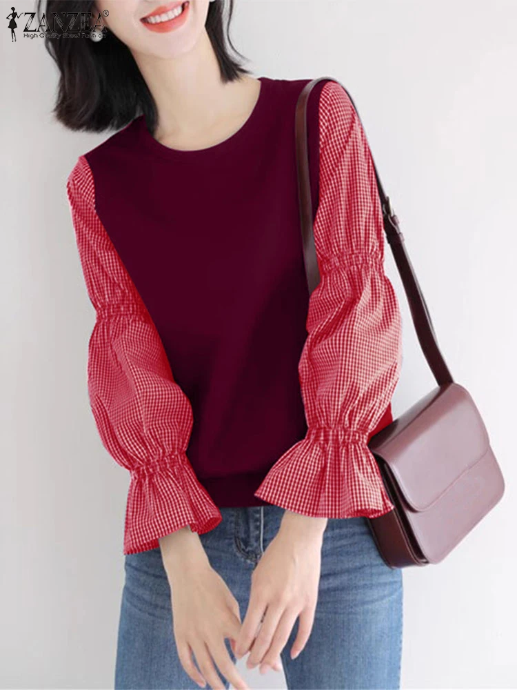 Zanzea-パフ長袖メッシュスウェットシャツ女性用、カジュアルなルーズチェック柄ステッチプルオーバー、Oネックジャンパー、秋のパーカー、ファッション、2024