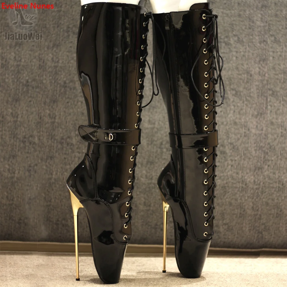 

Ballet Lace Up Mid Boots New Arrival Women's Solid Summer Round Toe Super Metal Thin Heel 20CM Fashion Sexy Black Shoes