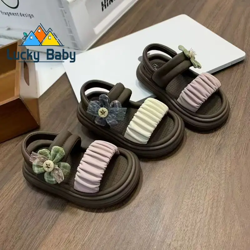 Summer Kids Girls Sandals Platform Flats Princess Flower Children Baby Shoes Pink Soft Footwear Fashion Baby Beach Shoes Sandals