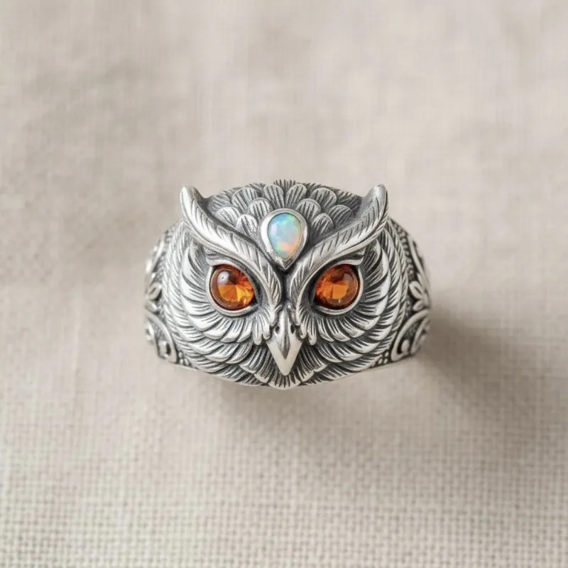 New Alloy Jewelry Creative Owl Ring, Engraved Retro Pattern Ruby Jewelry Women