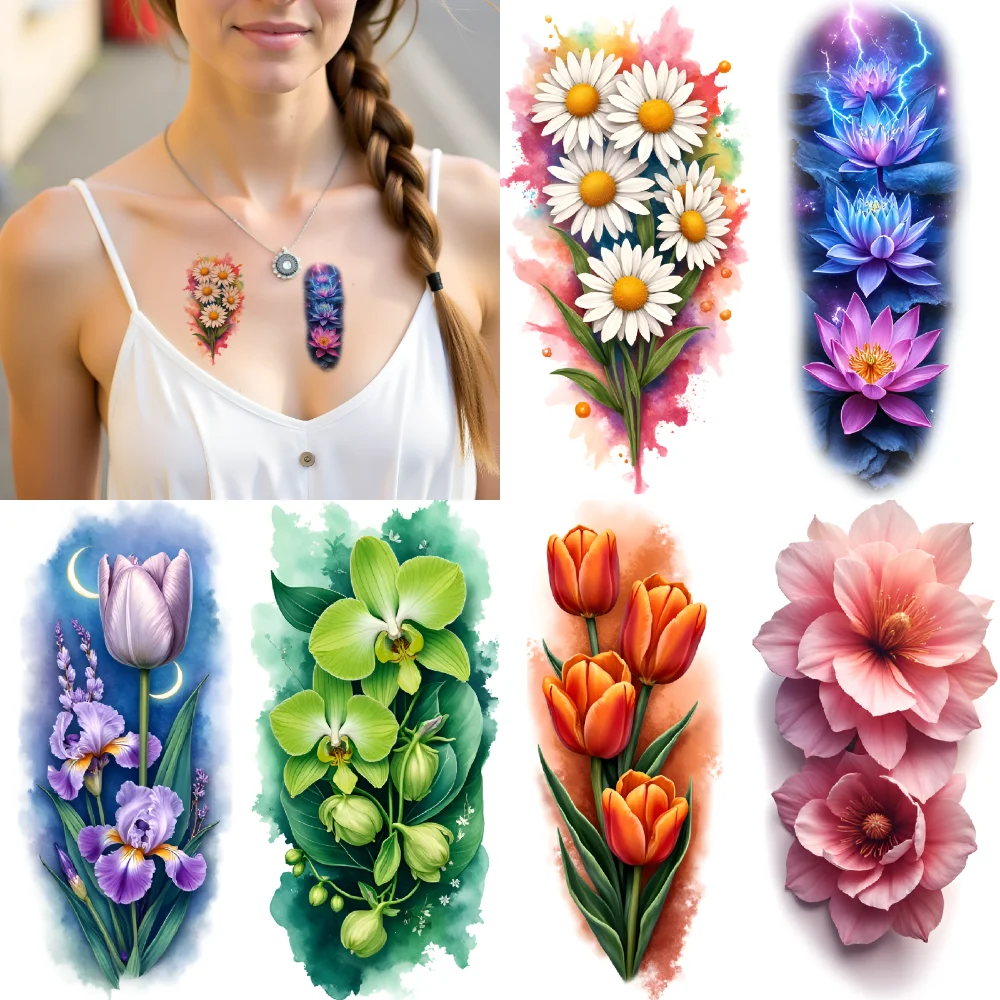 

9pcs Temporary Tattoo Delphiniums Colorful Realism Poppies Roses Waterproof Long-lasting Body Stickers Anemones For Thighs