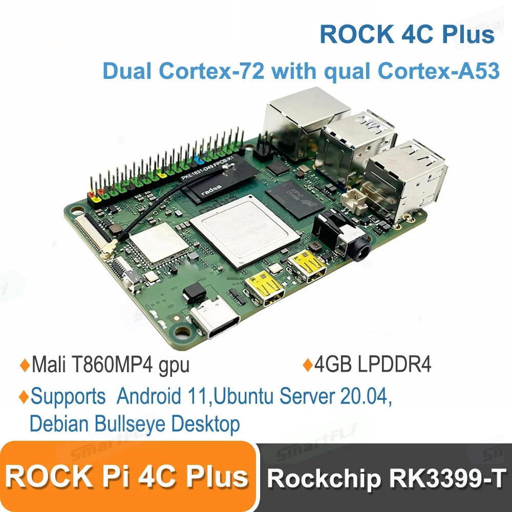 

ROCK Pi 4C Plus 4GB SBC Rockchip RK3399 -T Single Board Computer support Android 11/Ubuntu Server 20.04/Debian System