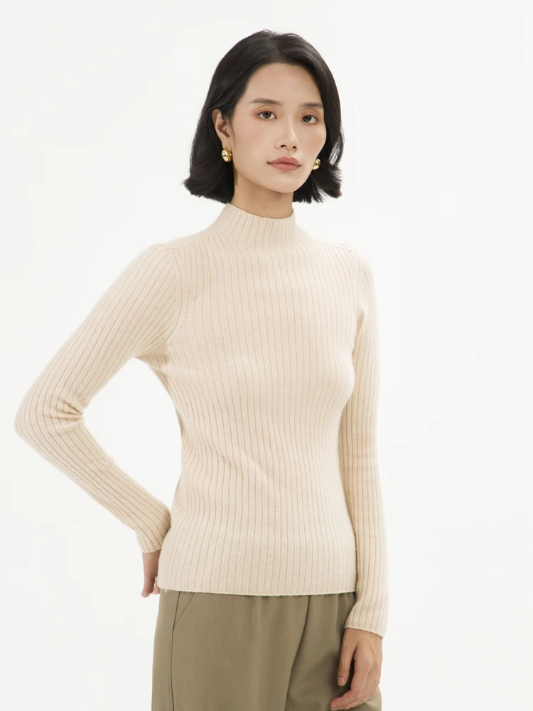Basic Pullover Autumn Winter Women Sweater 100% Cashmere Sweater Mock Neck Slim Pullover Knitted Strip-Shaped Lines Inside Join