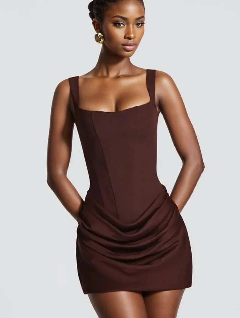 Plissee Sling Mini Kleid Frauen Sexy Square Neck Ärmellose Bandage Taille Cinching Schlank Bodycon Kleider Dame Party Kleider Kleid