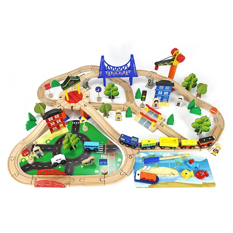 Children's Toys 108pcs Wooden Diy Puzzle Railway Cars Building Blocks Set House Accessories Constructor Montessori Board Games