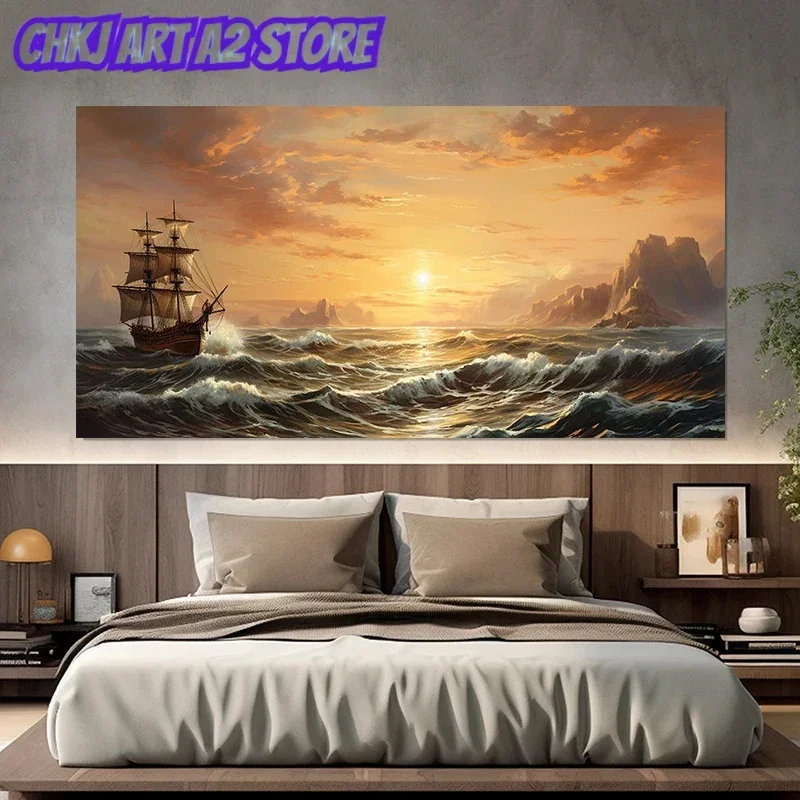 Scenic Sailboat in Stormy Sea Sunset Vintage Sailing Poster and Prints Canvas Painting Wall Art Pictures Home Decor Cuadros
