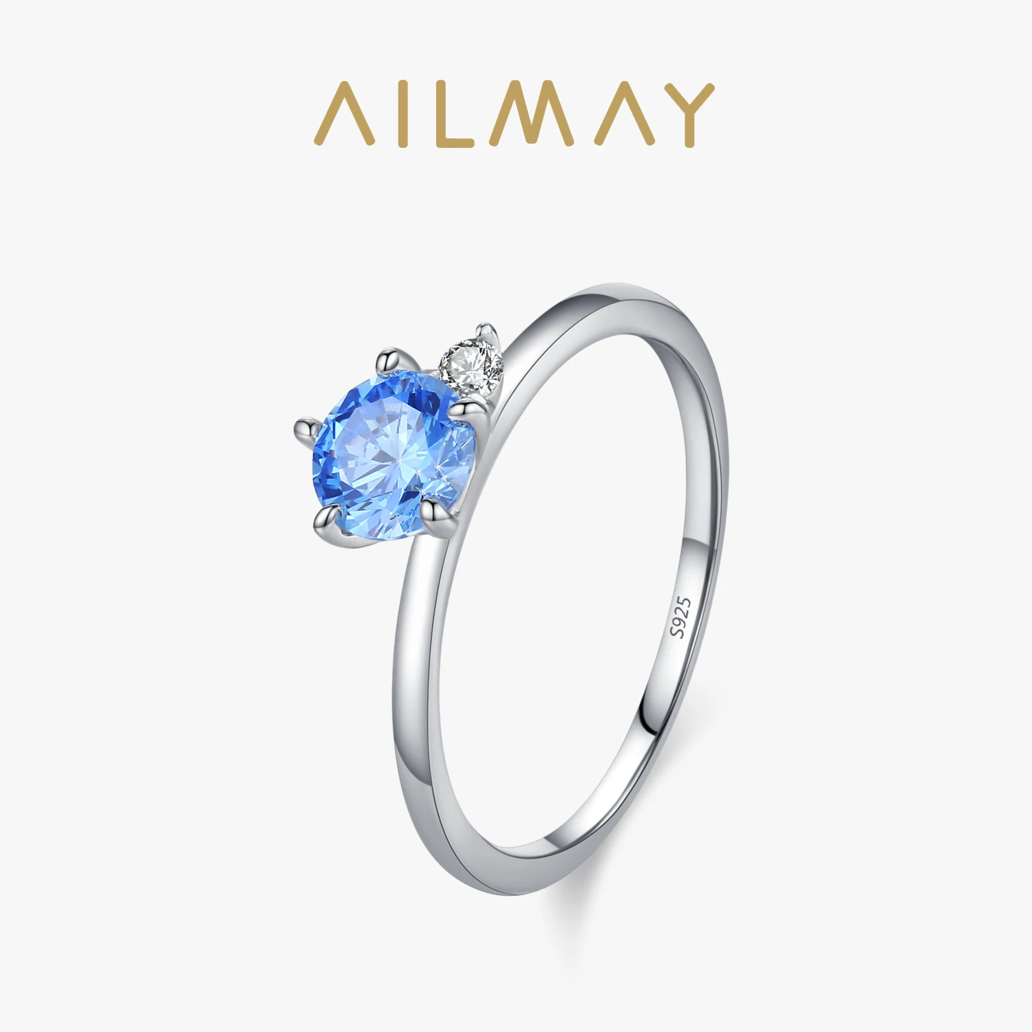 Ailmay 925 Sterling Silver Creative Ocean Blue Round Zircon Proposal Ring For Women Shining Fine Jewelry Wedding Gift