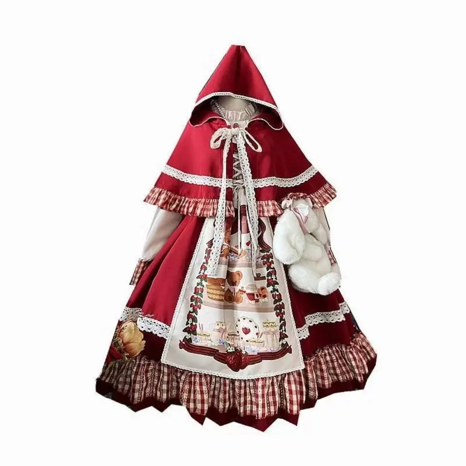 

2026 New Year Sweet Lace Ruffle Patchwork Puff Long Sleeve Red Princess Plaid Christmas Lolita Dress Kawaii Women