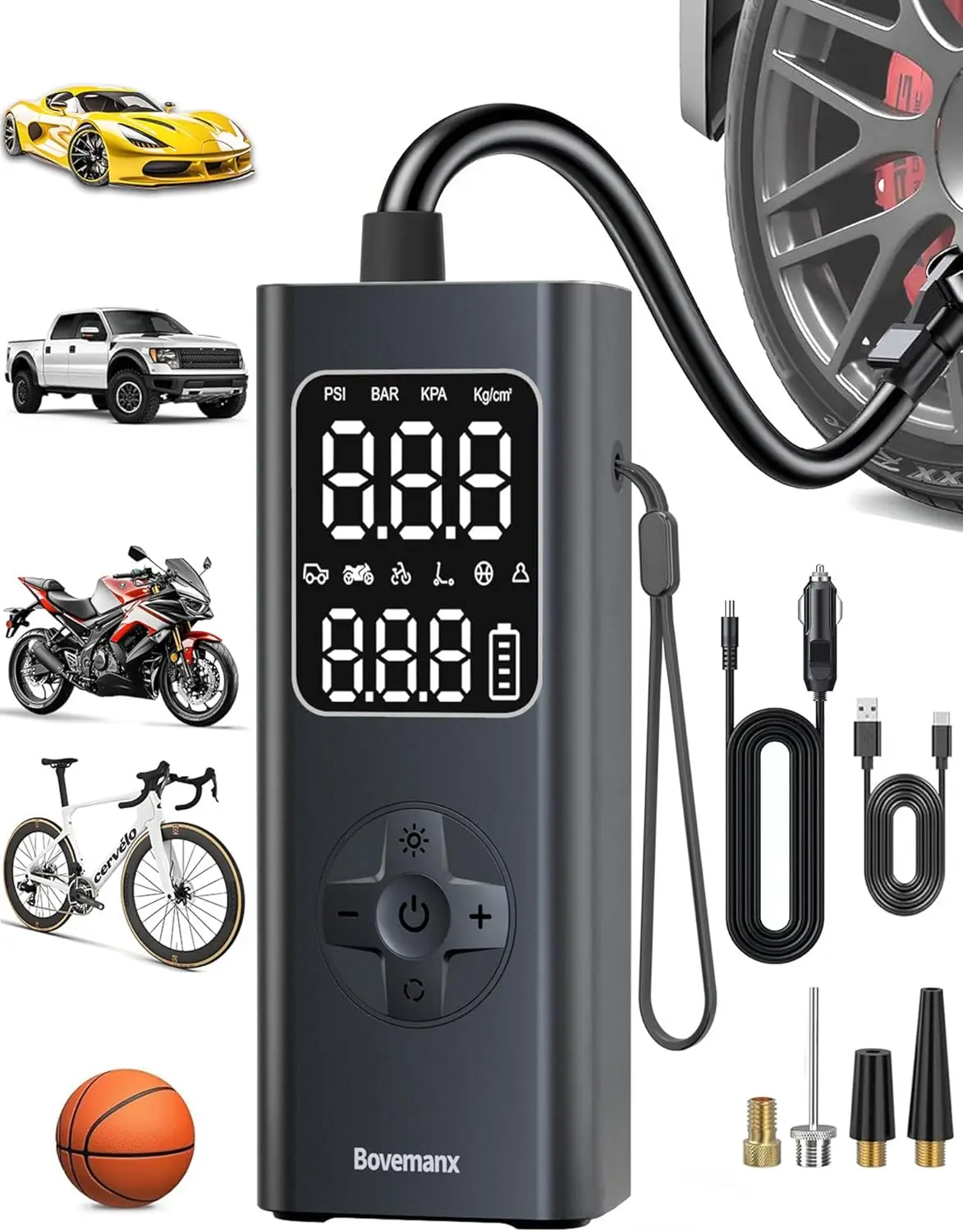 

Portable 150 PSI Air Pump, Cordless Tire Inflator with Digital Gauge & LED Light for Car, Motorcycle, Bike, Balls (Black)