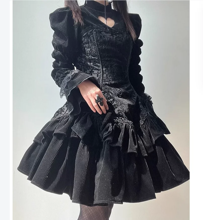 

Dark Gothic style plush dress OP Lolita hollow out sweet cool fluffy princess dress