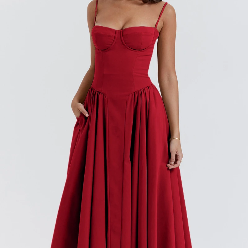 ชุดเดรสสายเดี่ยวสไตล์ยุโรปและอเมริกาสำหรับฤดูร้อนปี 2026 พร้อมดีไซน์รัดเอว แฟชั่นทันสมัยและเซ็กซี่ สีแดงสำหรับผู้หญิง
