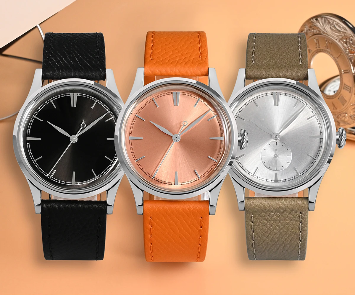 

Mens Dress Watch 38mm Sunray Dial 715/6004 Quartz Movement Vintage Simple Watches 5 Bar Leather Strap Watches