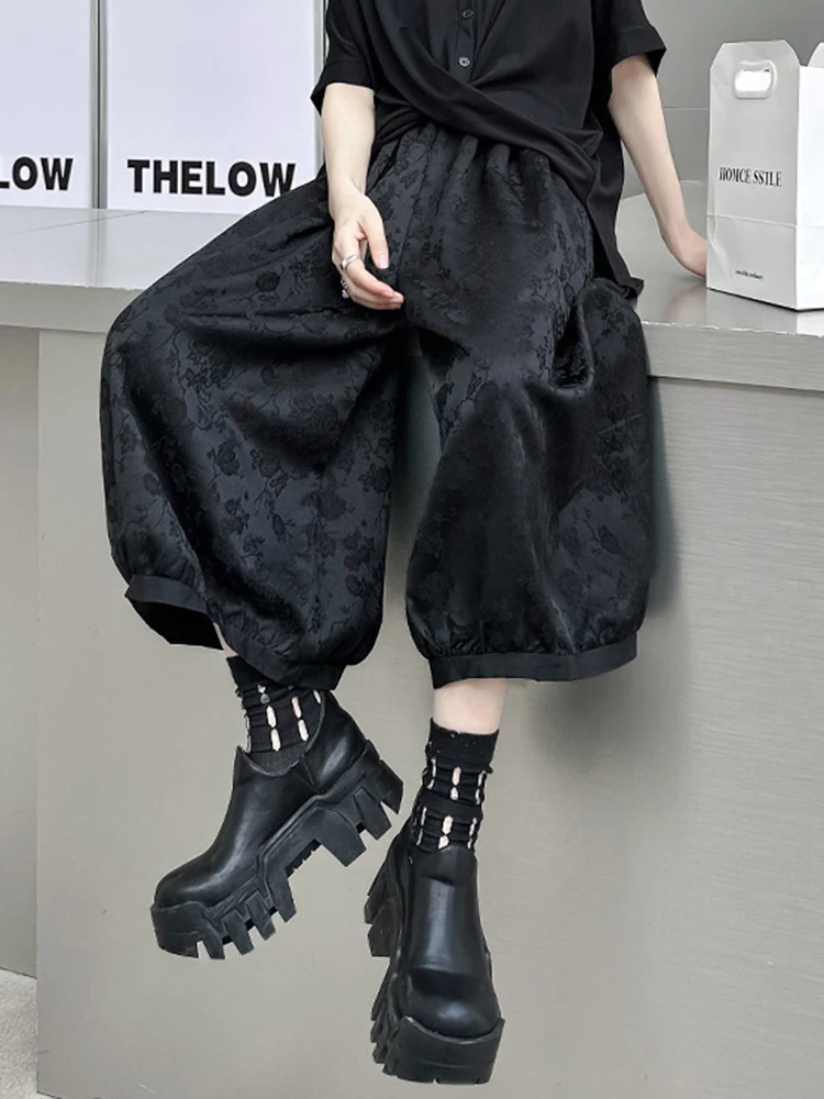 [EAM] High Elastic Waist Black Jacquard Casual Wide Leg Pants New Loose Trousers Women Fashion Tide Spring Autumn 2024 1DH4384