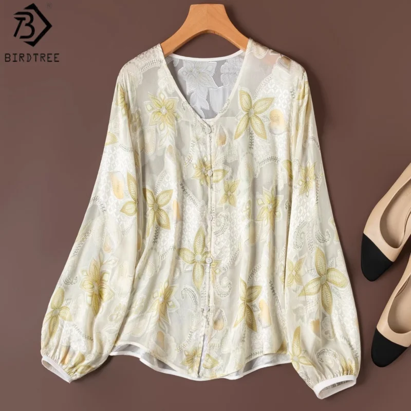 Birdtree, 100% Silk Blouse, Cutwork Silk Gauze Tops, Women's Translucent V-neck Shirt, Breathable, 2026 Spring NewT63231JF