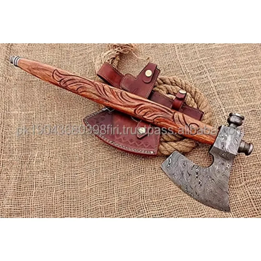 High Quality Damascus Axe Wooden Handle Drop Forged High Damascus Steel Axe Viking Axe Blade Etching