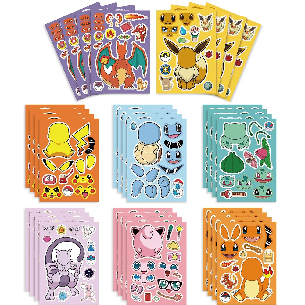 8/16 feuilles dessin animé drôle Puzzle Pokemon autocollants faire un visage éducatif enfants cadeau créatif jouet Puzzle assembler décalcomanies travaux manuels