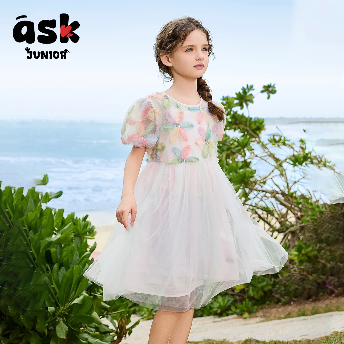 اسأل الفتيات الصغار فستان صيفي لون زهرة الأميرة شبكة اللباس فقاعة الأكمام طاقم الرقبة الأطفال عطلة اللباس الشاطئ #3