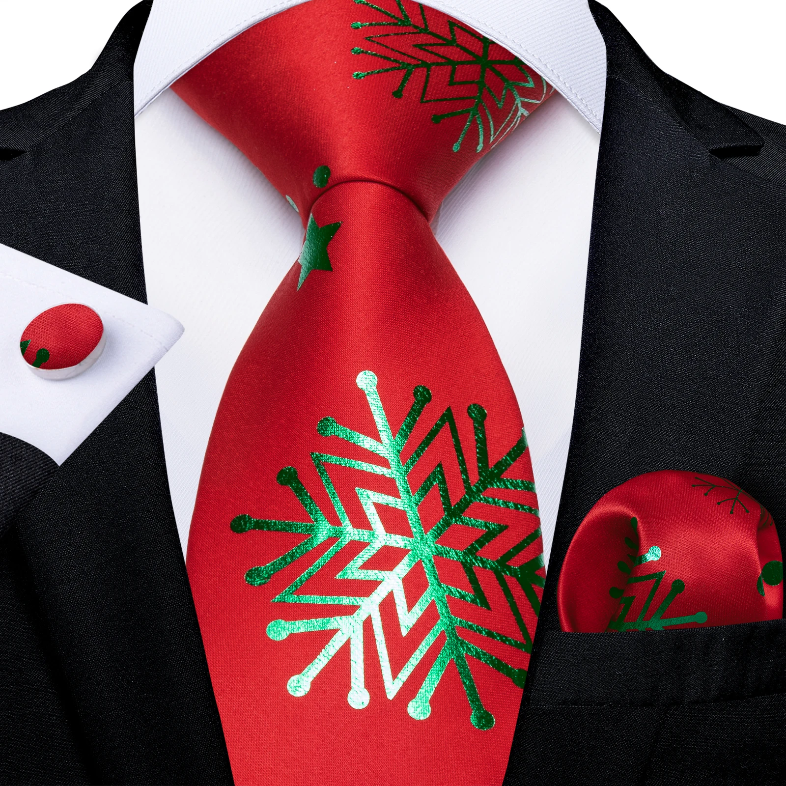 Big Green Shining Snowflake Red Silk Ties for Men Handkerchief Cufflinks Set Wedding Party Accessories Gift Dropshipping