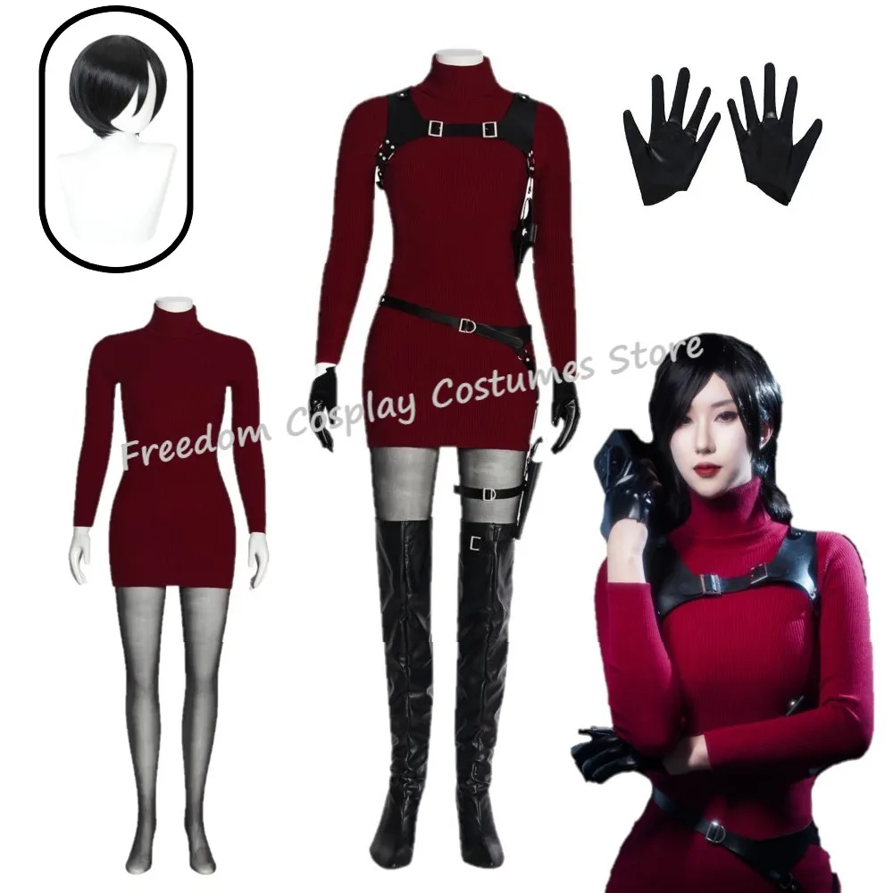 Disfraz de Ada Cosplay Wong para mujer, peluca, vestido rojo sexy, cinturón, disfraz de Halloween, traje de disfraz de Carnaval para mujeres adultas