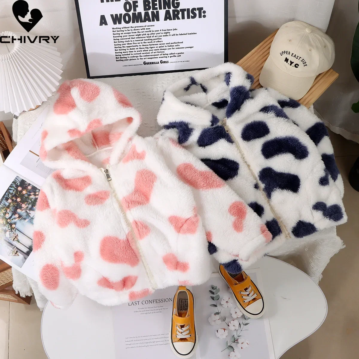 New 2023 Kids Autumn Winter Thicken Warm Fleece Coat Baby Boys Girls Cartoon Cow Pattern Hooded Zipper Jackets Casual Outerwear