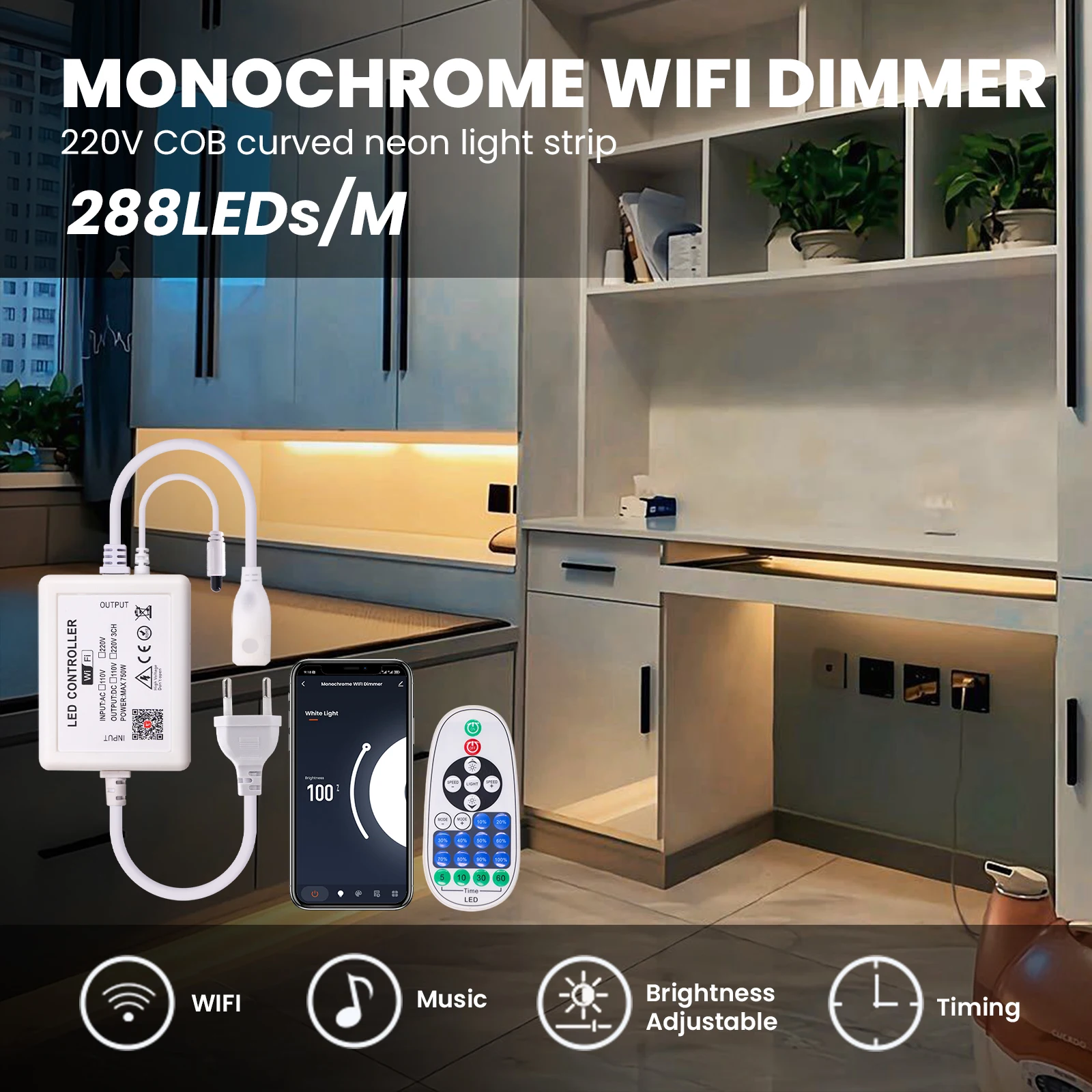 WIFI Bluetooth COB taśma neonowa 220V możliwość przyciemniania 288 diod/m elastyczna taśma wstążkowa IP67 wodoodporne zewnętrzne światła LED pilot