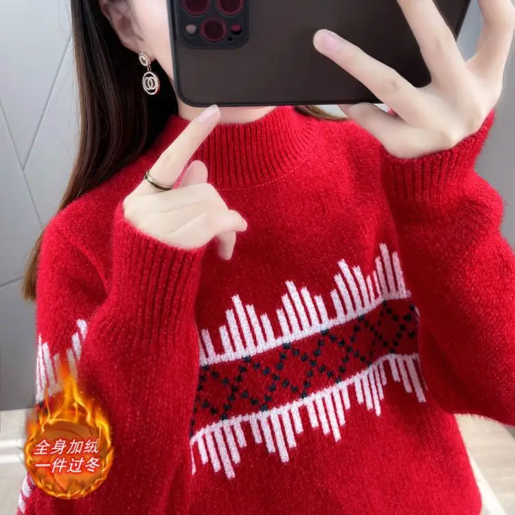 

Chenille Mink Fur Sweater Women's New Semi High Neck Loose Knit and Thick Velvet Versatile Base Sweater