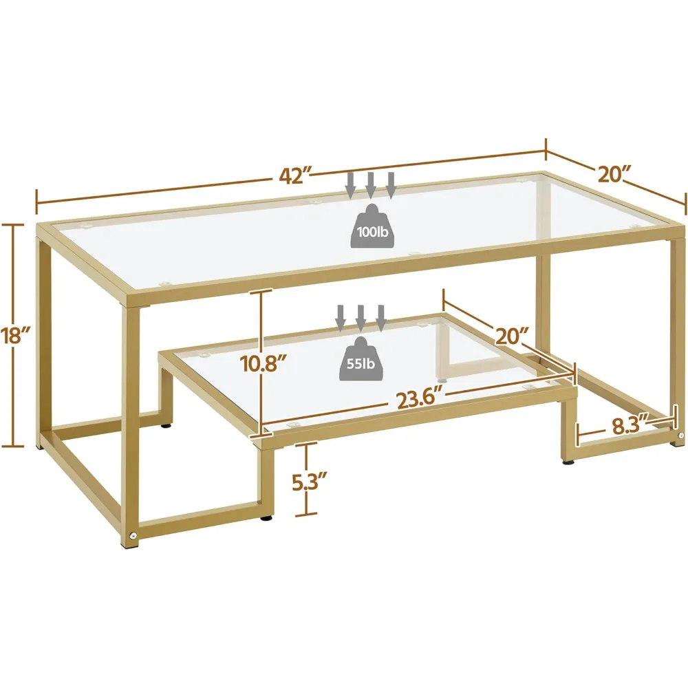 Rectangular Glass Coffee Table with Metal Frame for Living Room, 42 inches, 2-Tier Center Tea Table for Small Spaces