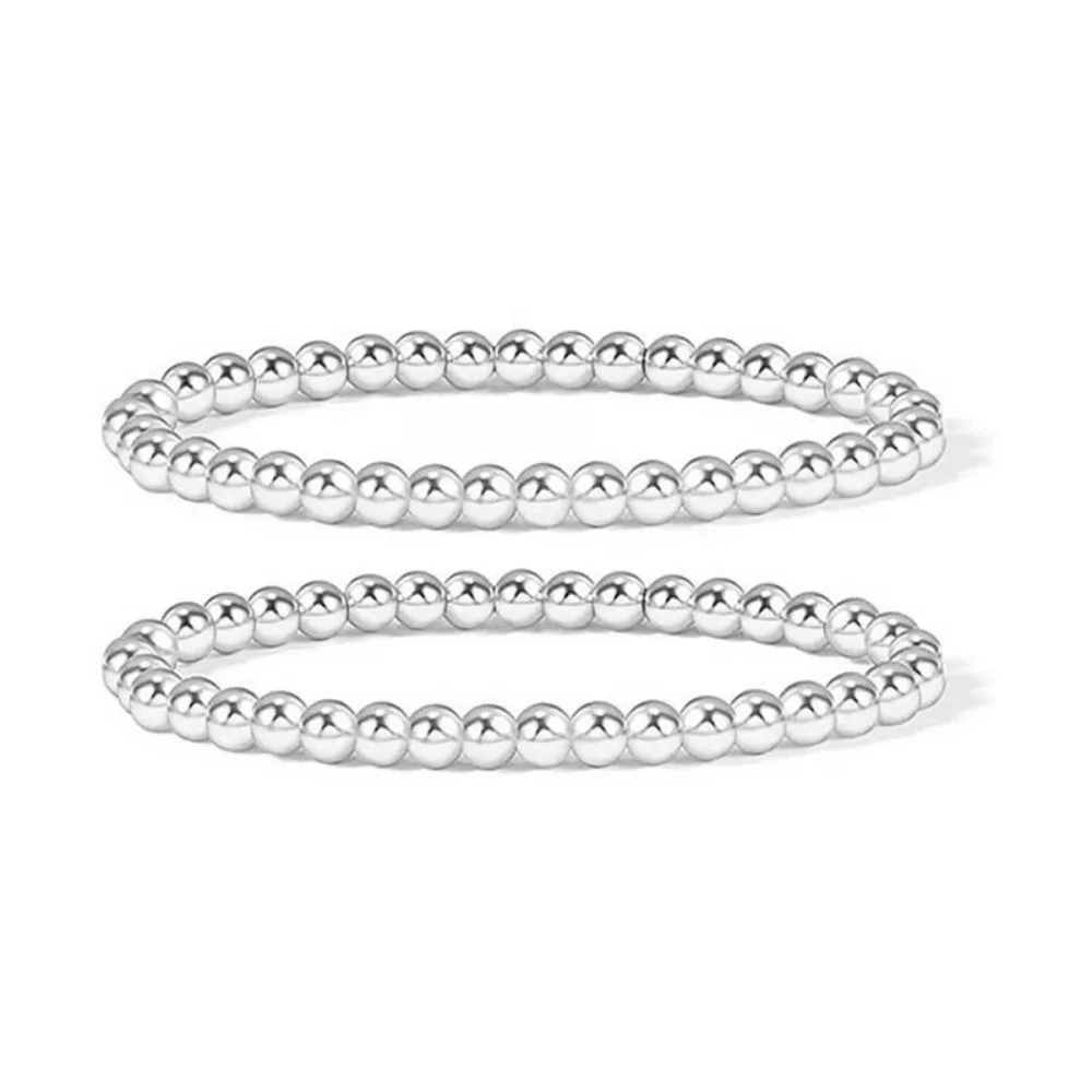 4/6mm 5-piece Silver Color for Women Stacking Round Ball Beads Elastic Bracelets Cool Girl Fashion Jewelry Gift