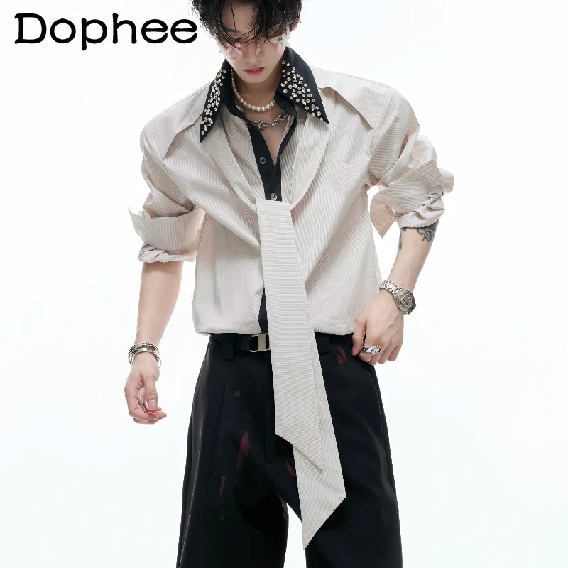 

2025 Men's Autumn New Trendy Collar Rhinestone Tops Masculinity High-end Lapel Shirts Ribbon Splicing Contrast Color Chic Shirts