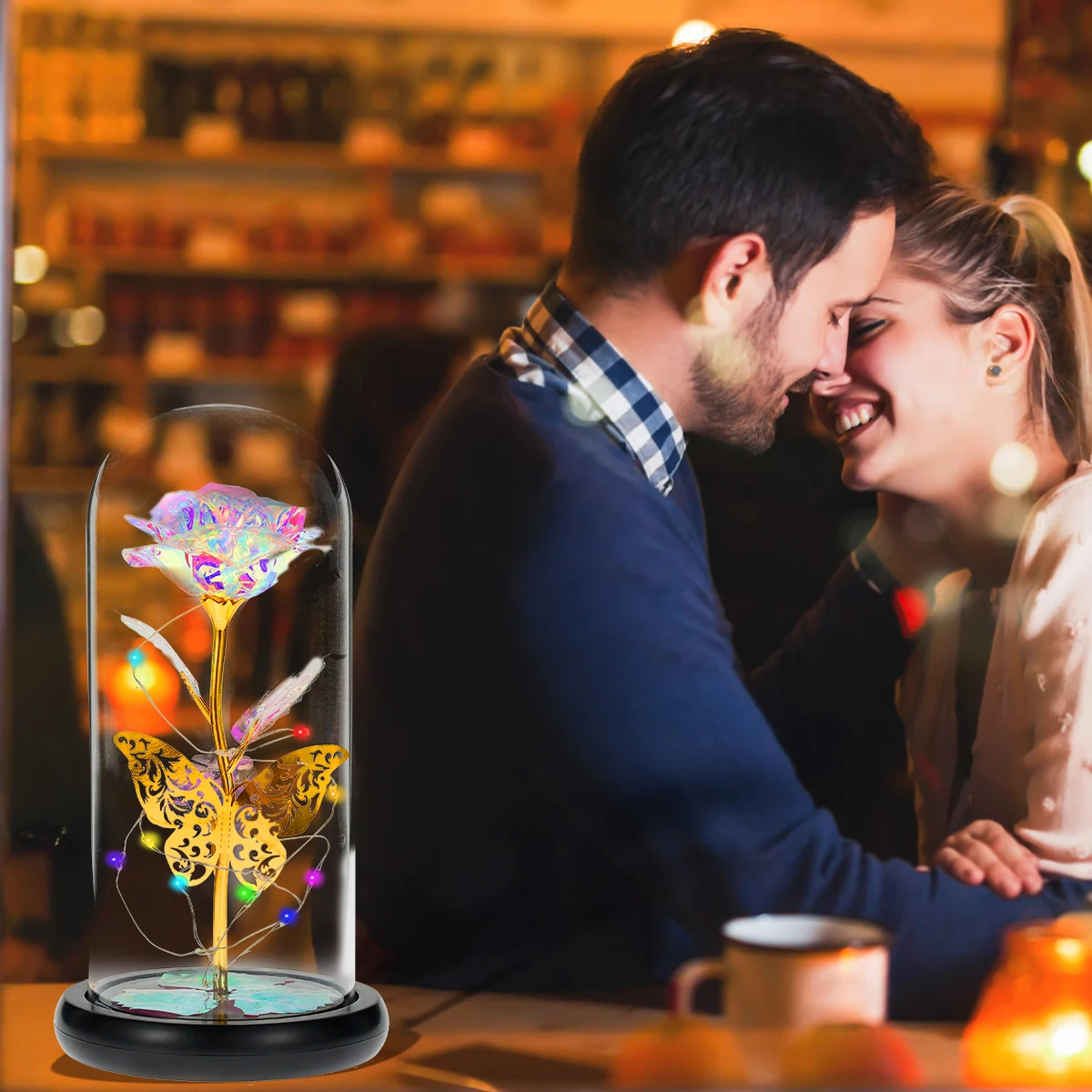 Faux Galaxy Rose Light with butterflies and colorful LED glass rose battery powered wedding gift Mother's Day Valentine's Day