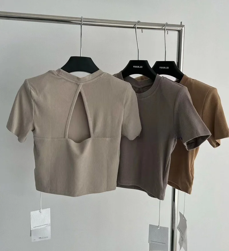 

Pure Color Short Sleeve Backless T-Shirt Women's Base Shirt Short High Waist Belly Button Top Korean Style round Neck Cotton ...