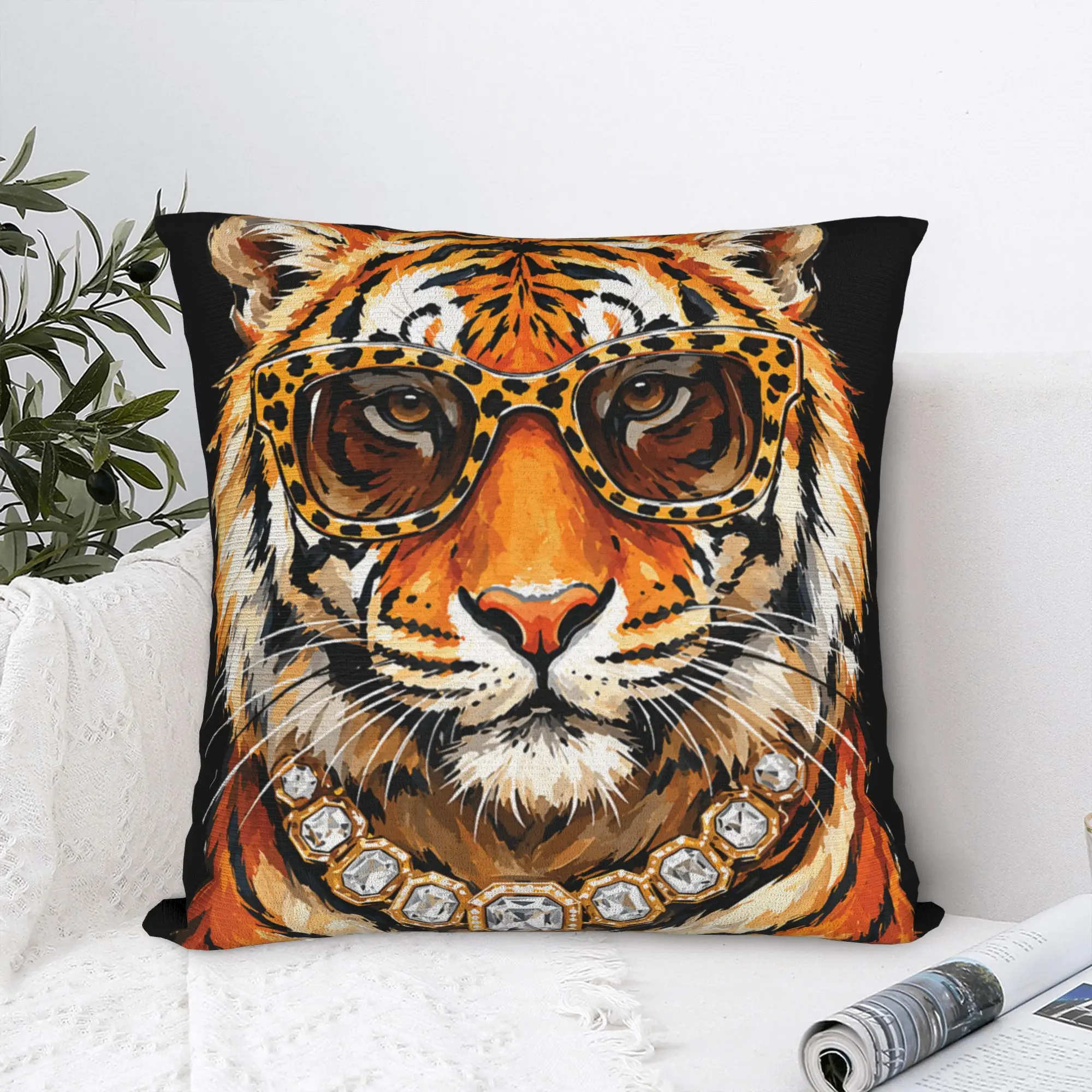 Bling Tiger Sunglasses Necklace Wild Animal Art Pillow Case  Graphic Pillow Cover Kawaii Pillowcases For Sofa Car Home Decor