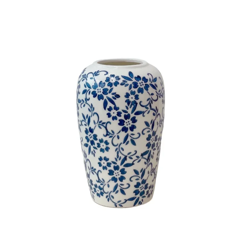 

New Chinese blue and white porcelain vase dried flower arrangement retro ceramic flower ware living room decoration ornament