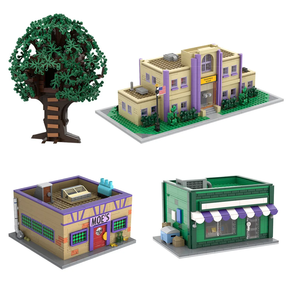 

MOC Simpsinged Anime Moe's Tavern Bricks Model Springfield Elementary School Building Blocks Bart's Treehouse Assemble Toys Gift