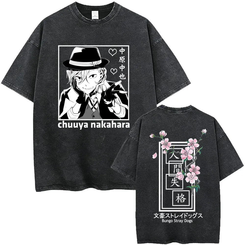 Gewaschenes Vintage Anime Bungo Stray Dogs Nakahara Chuuya Grafik-T-Shirt für Männer, Lässiges Retro-Baumwoll-T-Shirt, Übergroße Herren-T-Shirts – Detail 3