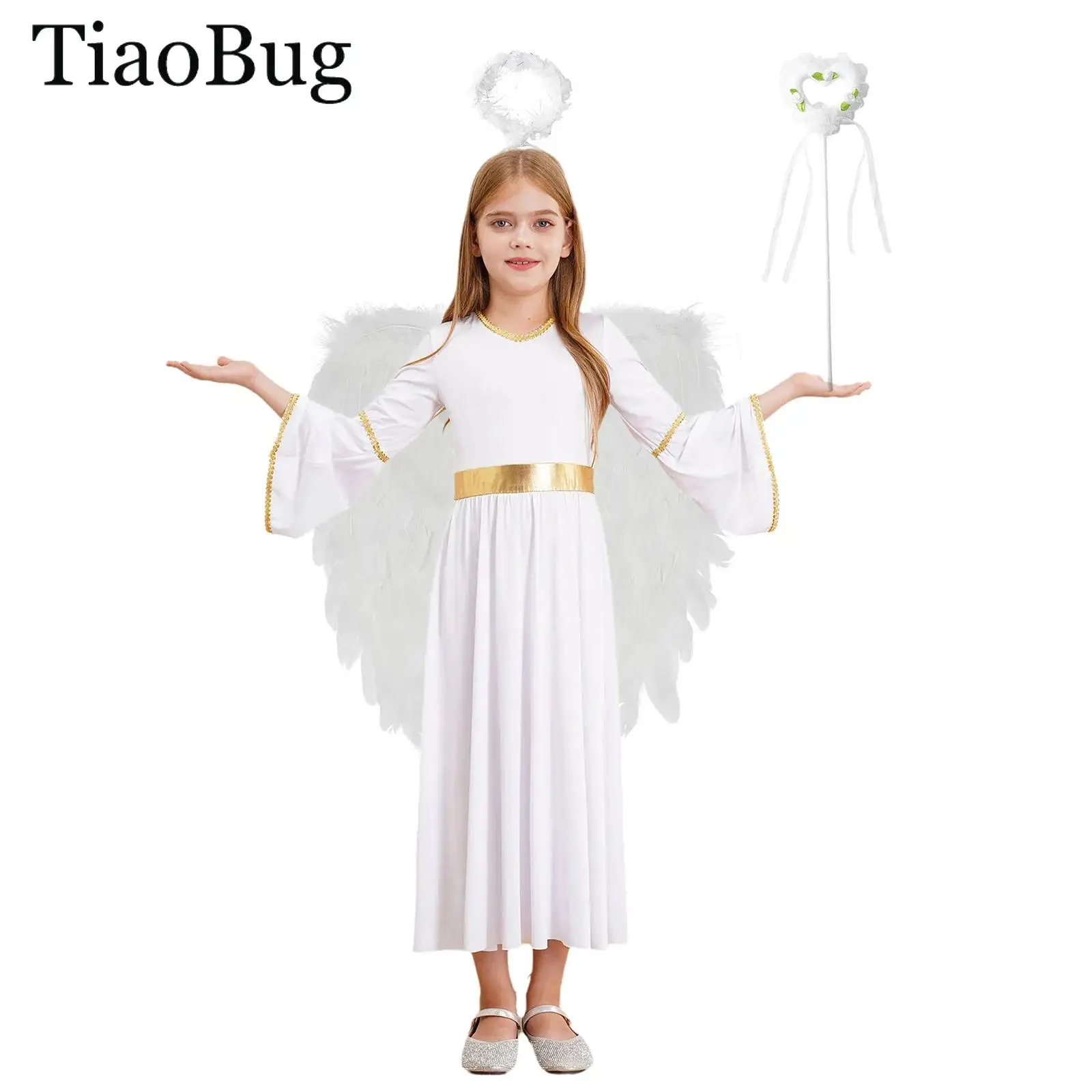 

Halloween Fancy Dress Up Girls Angel Cosplay Costume Greek Princess Dress with Feather Angel Wings Headband Fairy Sticks Sets
