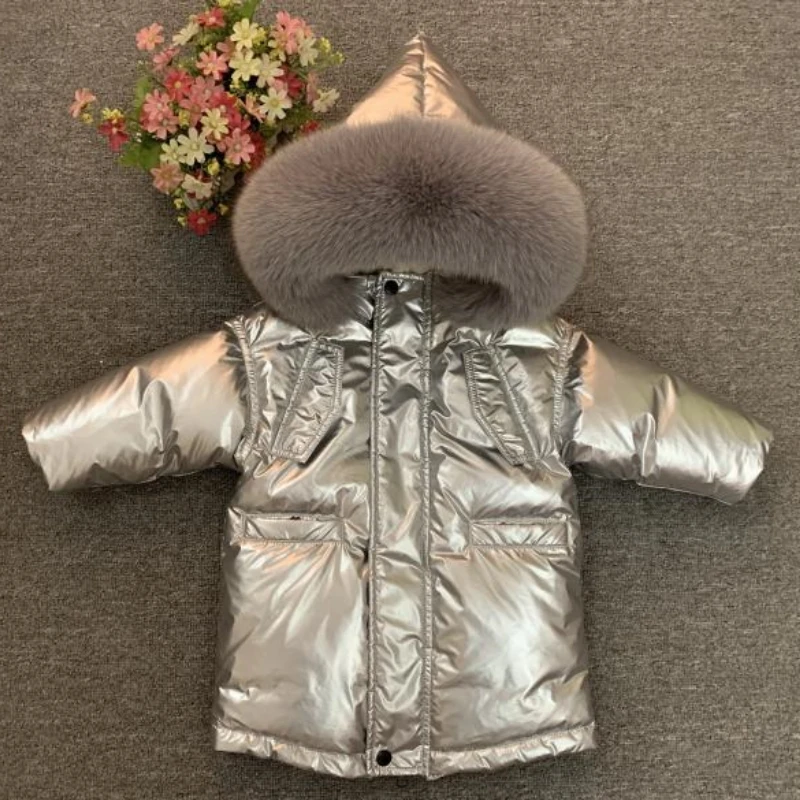 

Russian Winter Boys Coat Girls Winter Jacket Super Big Genuine Fur Collar Kids Thick Warm White Duck Down Snowsuit with Hood