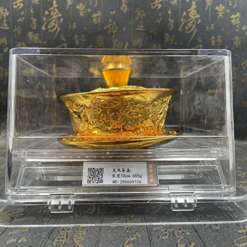 Brass dragon phoenix cup and bowl - , study room table ornament, embossed gaiwan three-piece tea set, t