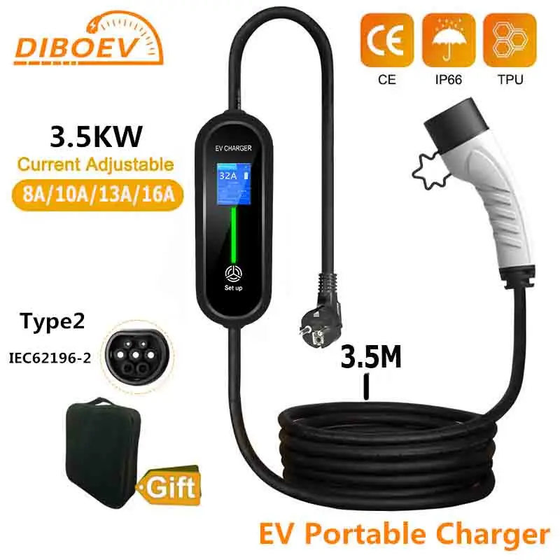 EV Charger 3.5KW 16A EV Portable Charger Type2 IEC62196-2 EVSE Wallbox 1.9kg easy to carry Adapt to vaarious models