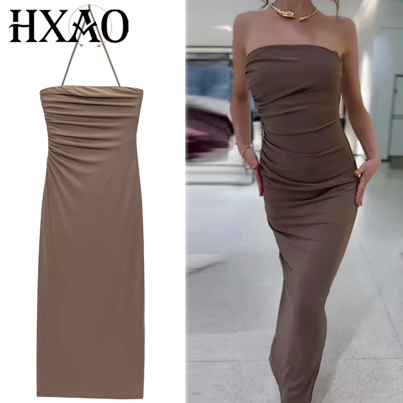 HXAO Damenkleid, gerüschtes Neckholder-Kleid, Sommer 2022, lässig, Abschlussball, Party, Abendkleider, trägerlos, ärmellos, rückenfrei, Schlitz, Vestido