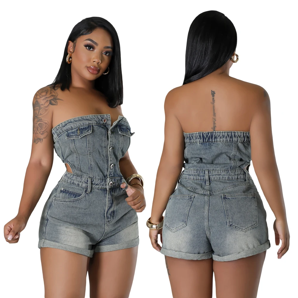 

Denim Rompers Women Jumpsuit Strapless Sleeveless Single Breasted Jeans Outfits 2024 Summer Chic One Piece Jean Romper Jumpsuits