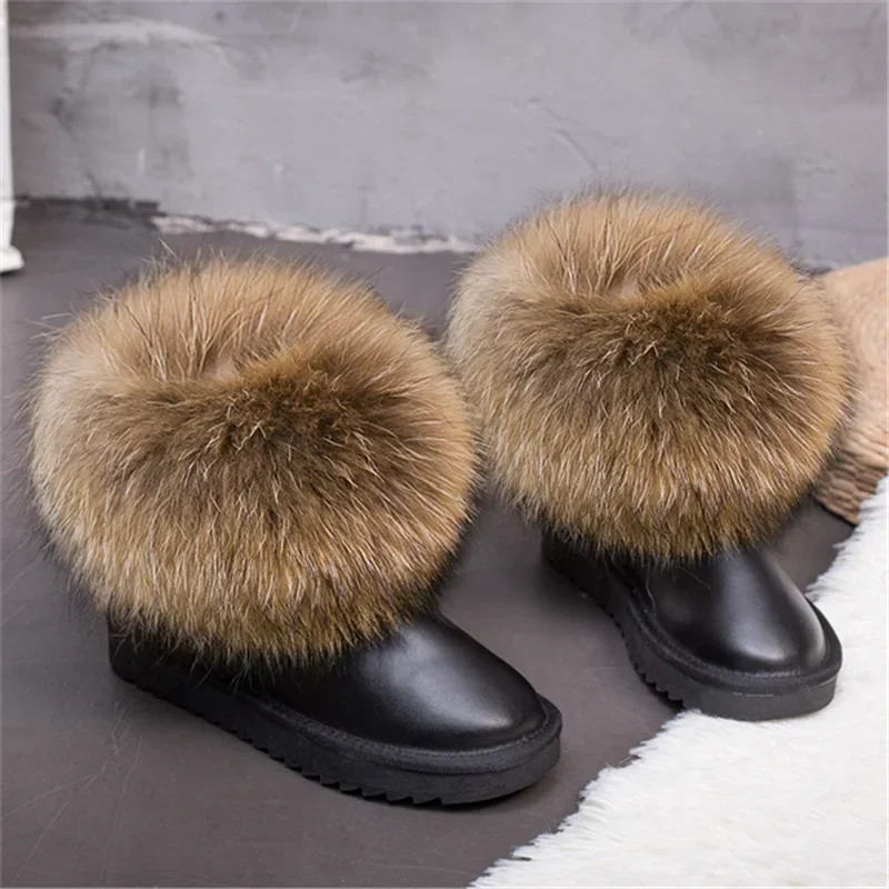 G&Zaco Women\'s Winter Boots Genuine Leather Natural Real Fox Fur Snow Boots Short Ankle Boots Fur Boots Female Flat Heel Shoes